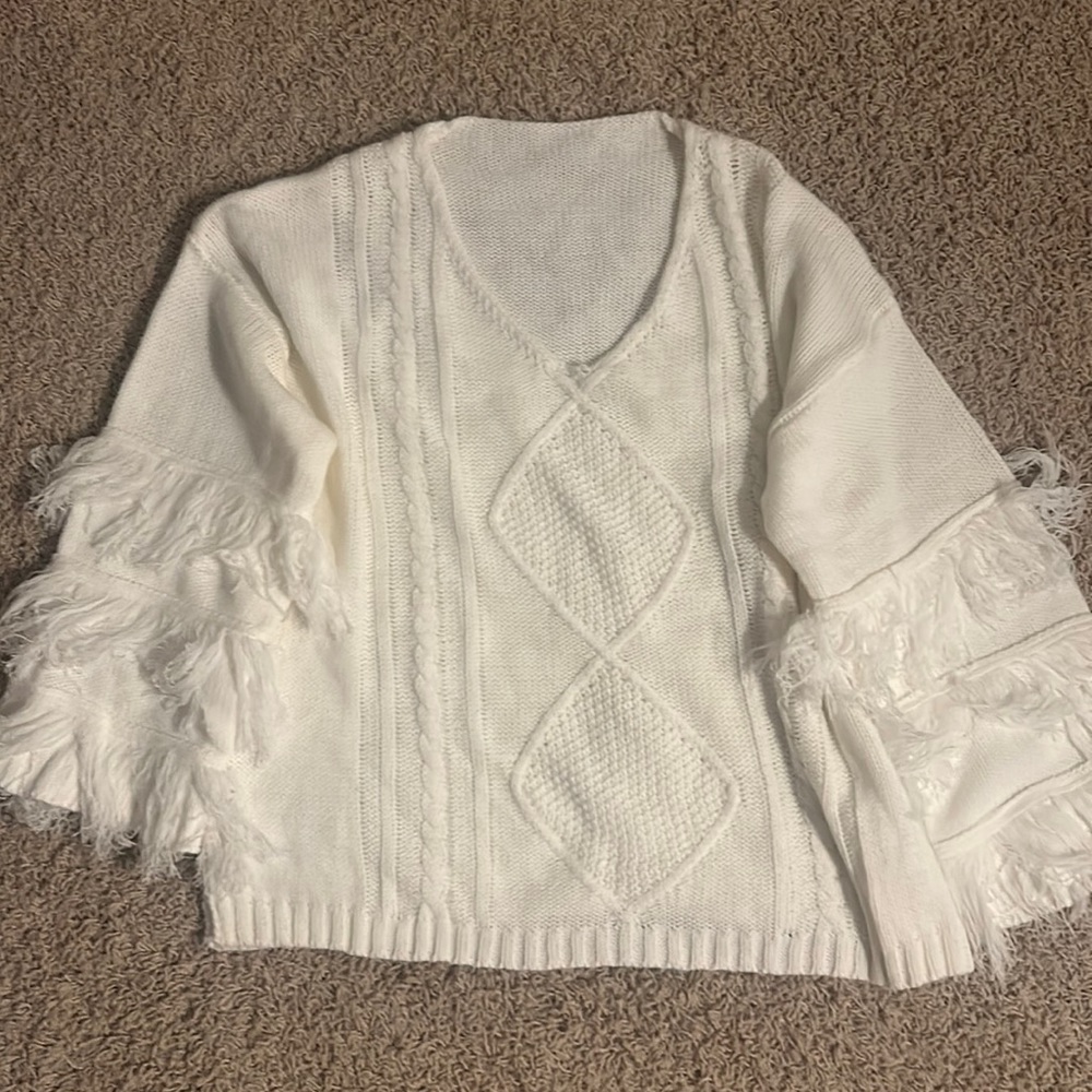 White Sweater with Fringe Sleeves